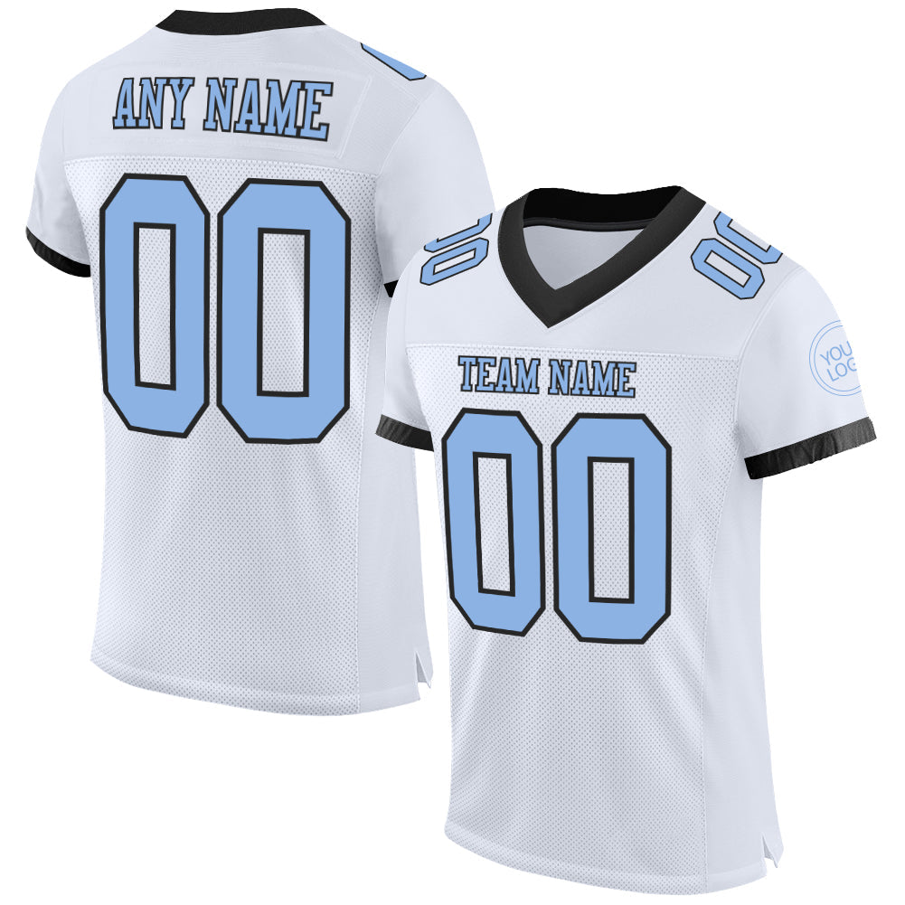 Custom White Light Blue-Black Mesh Authentic Football Jersey