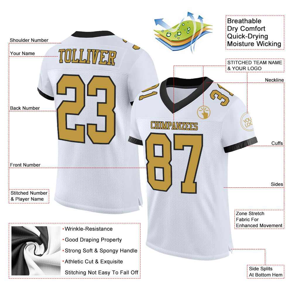 Custom White Old Gold-Black Mesh Authentic Football Jersey