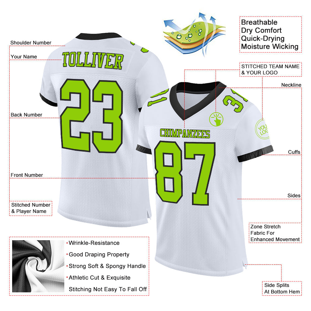 Custom White Neon Green-Black Mesh Authentic Football Jersey