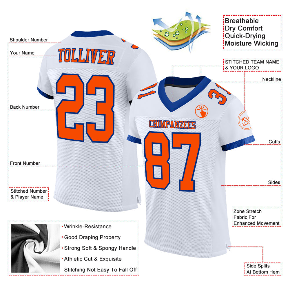 Custom White Orange-Royal Mesh Authentic Football Jersey