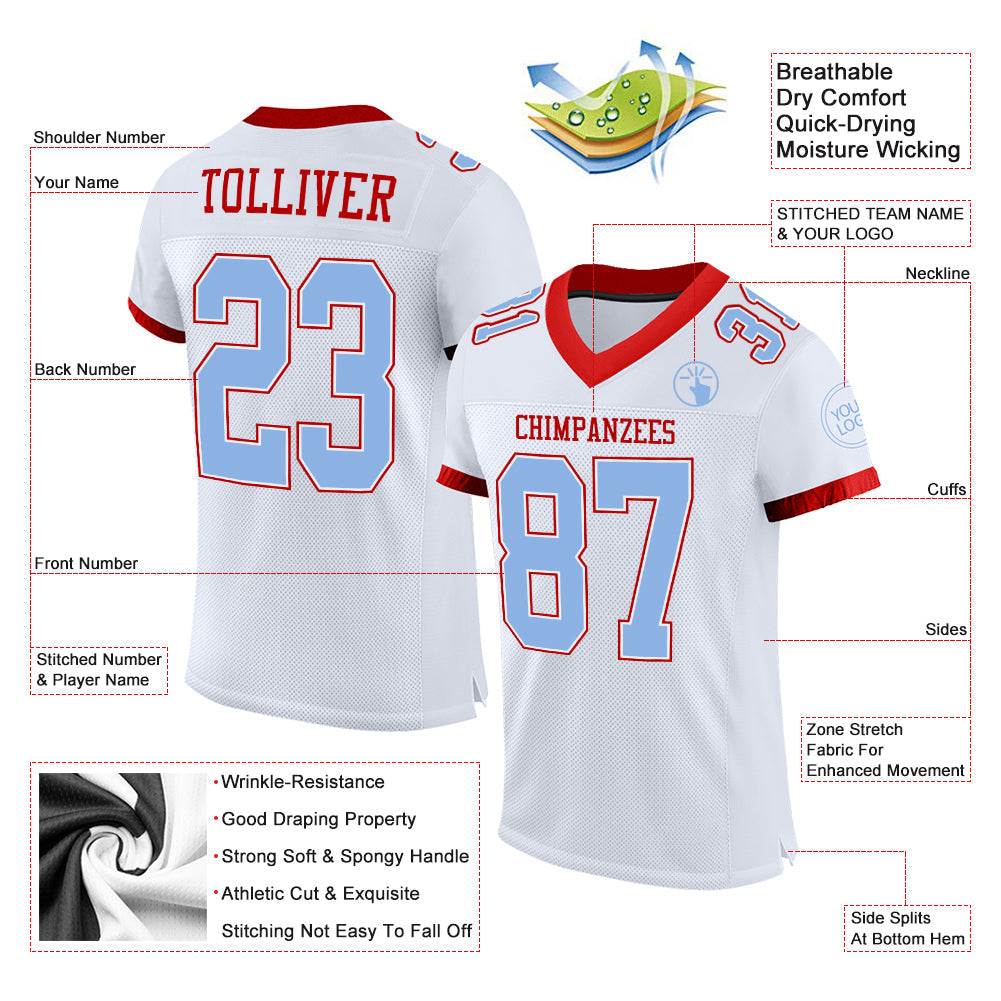 Custom White Light Blue-Red Mesh Authentic Football Jersey