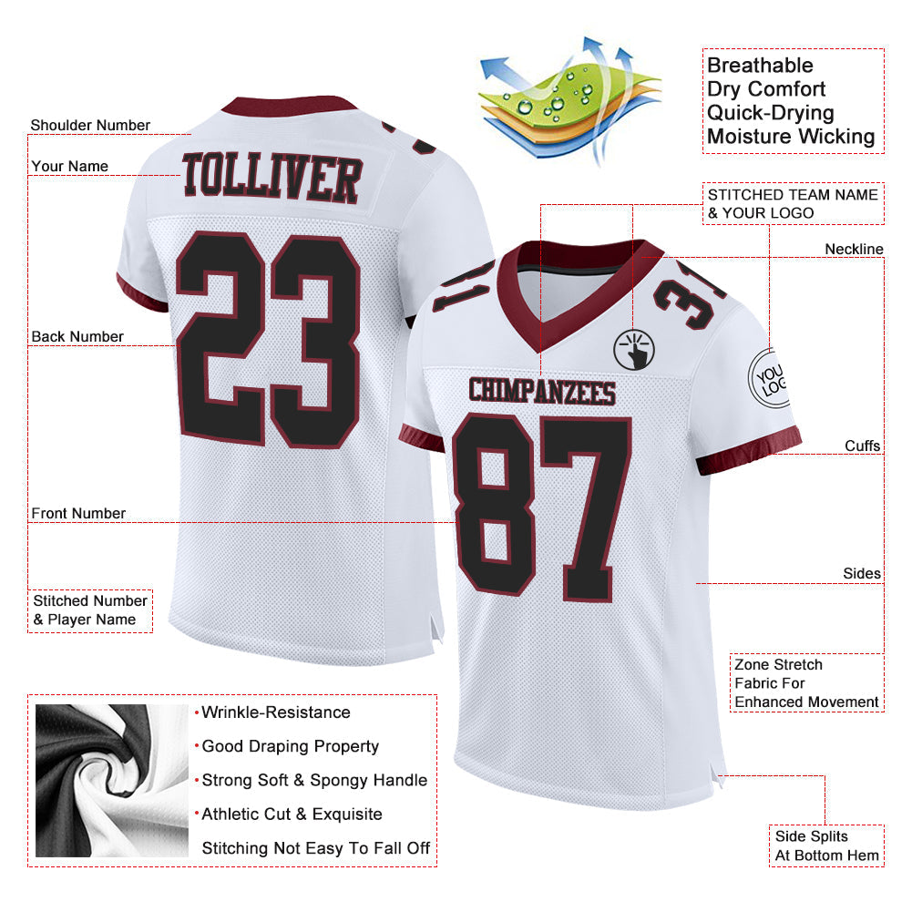 Custom White Black-Burgundy Mesh Authentic Football Jersey