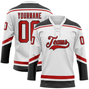 Custom White Red-Black Hockey Lace Neck Jersey