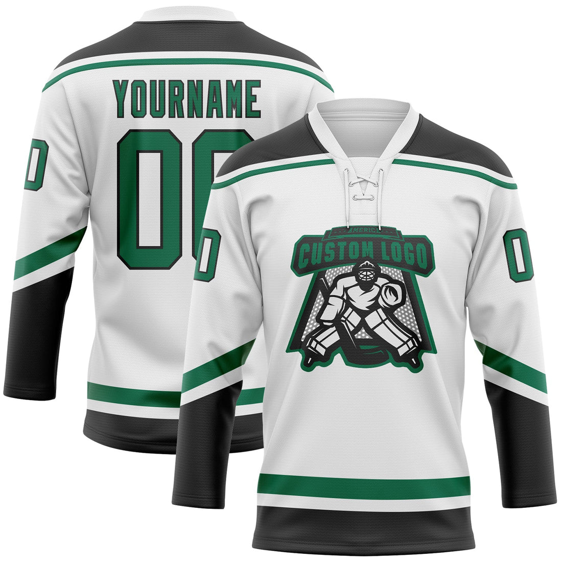 Custom White Kelly Green-Black Hockey Lace Neck Jersey