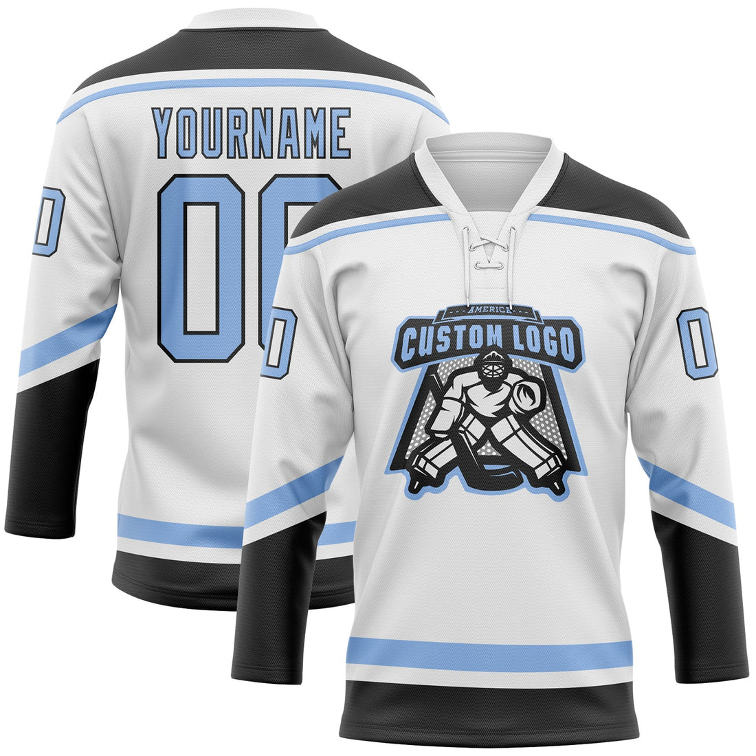 Custom White Light Blue-Black Hockey Lace Neck Jersey