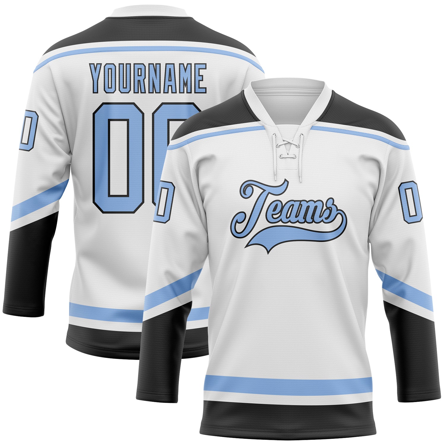 Custom White Light Blue-Black Hockey Lace Neck Jersey