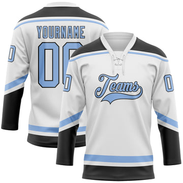 Custom White Light Blue-Black Hockey Lace Neck Jersey