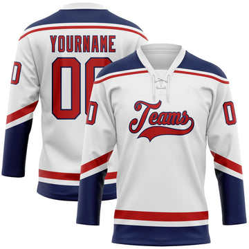 Custom White Red-Navy Hockey Lace Neck Jersey