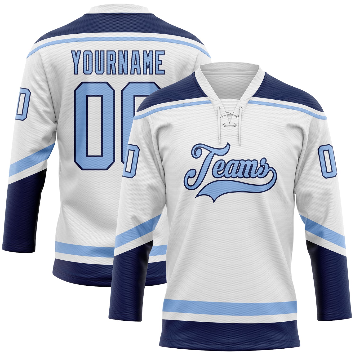 Custom White Light Blue-Navy Hockey Lace Neck Jersey