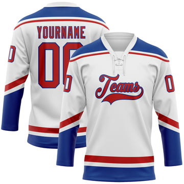 Custom White Red-Royal Hockey Lace Neck Jersey