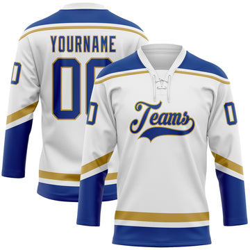 Custom White Royal-Old Gold Hockey Lace Neck Jersey