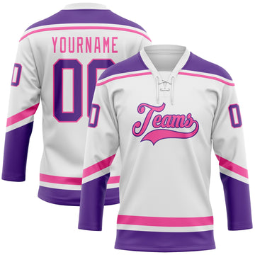 Custom White Purple-Pink Hockey Lace Neck Jersey