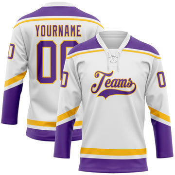 Custom White Purple-Gold Hockey Lace Neck Jersey