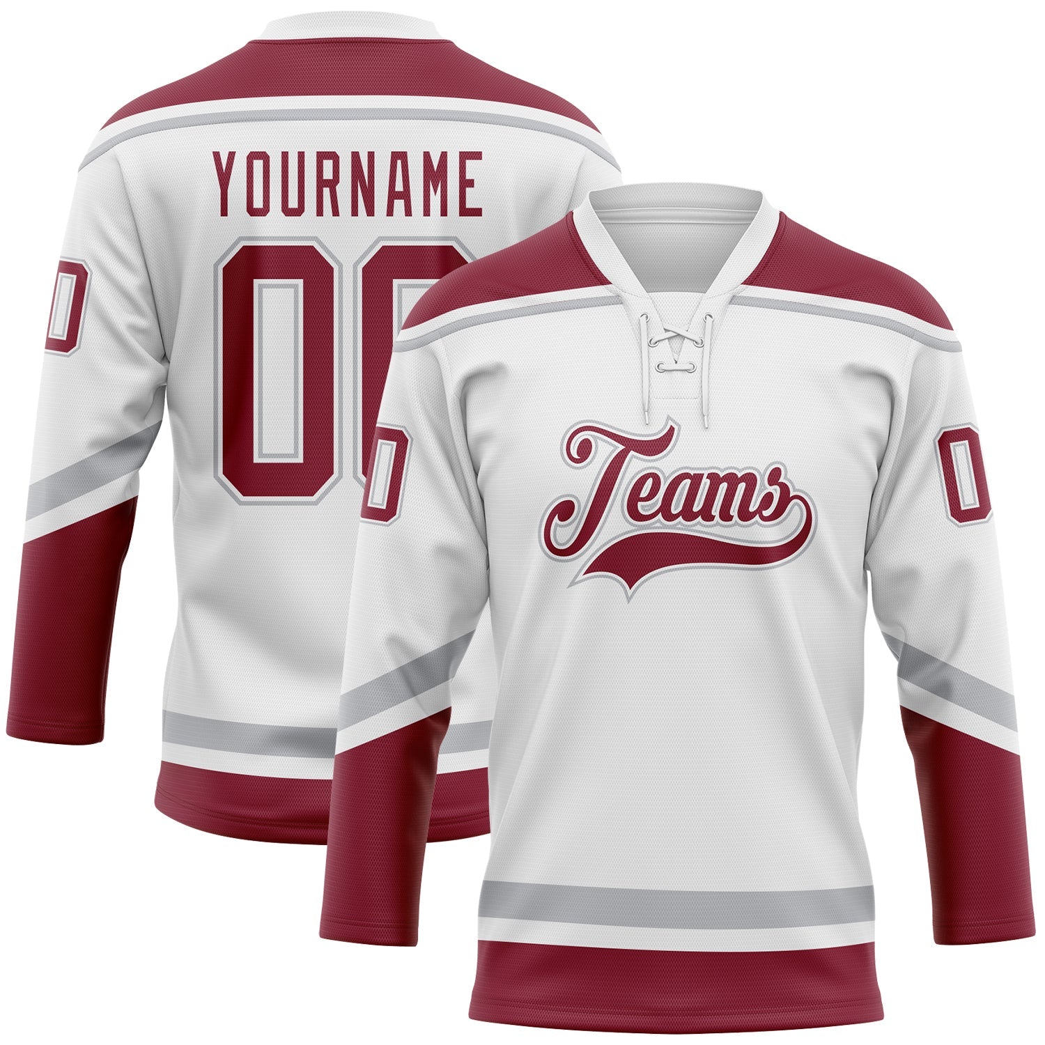 Custom White Crimson-Gray Hockey Lace Neck Jersey