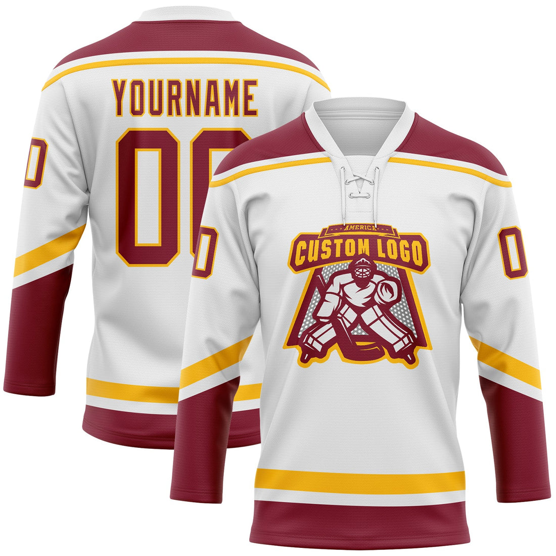 Custom White Crimson-Gold Hockey Lace Neck Jersey