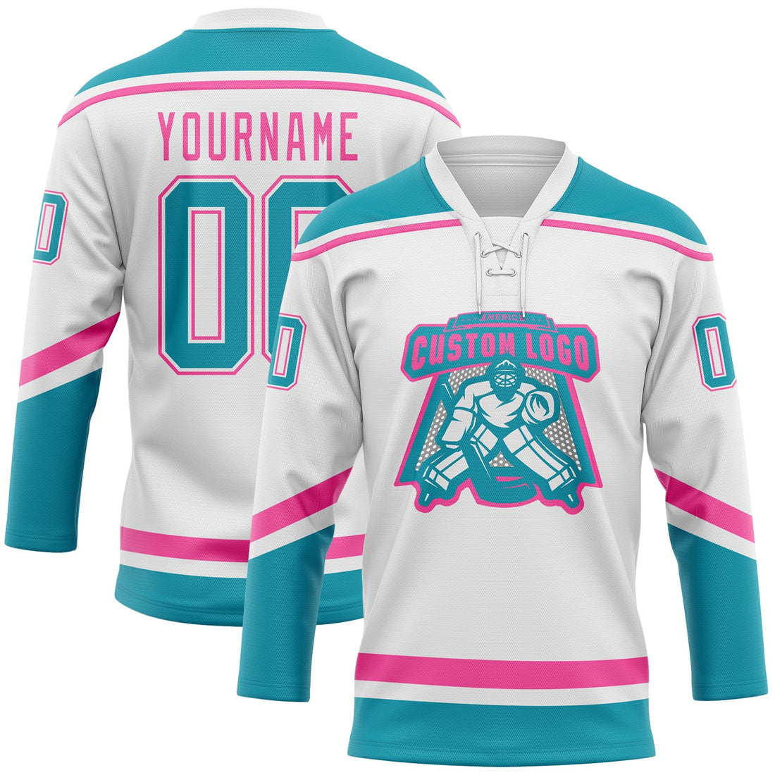 Custom White Teal-Pink Hockey Lace Neck Jersey