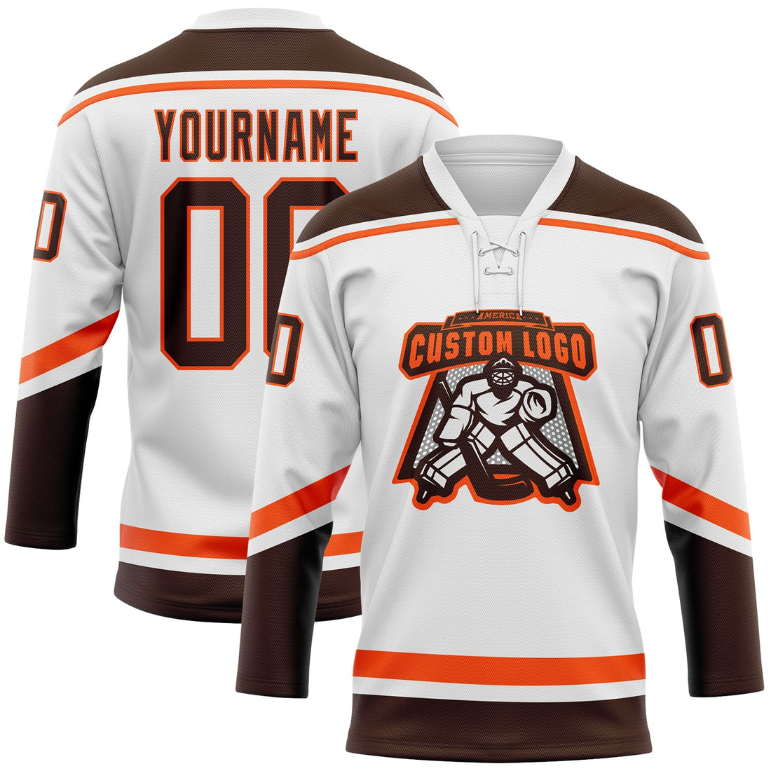 Custom White Brown-Orange Hockey Lace Neck Jersey