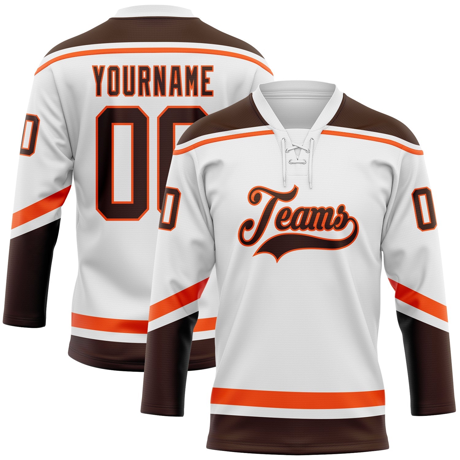 Custom White Brown-Orange Hockey Lace Neck Jersey