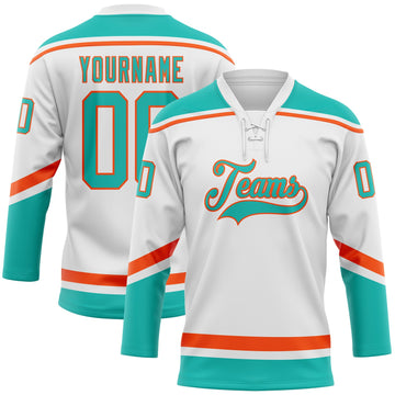 Custom White Aqua-Orange Hockey Lace Neck Jersey