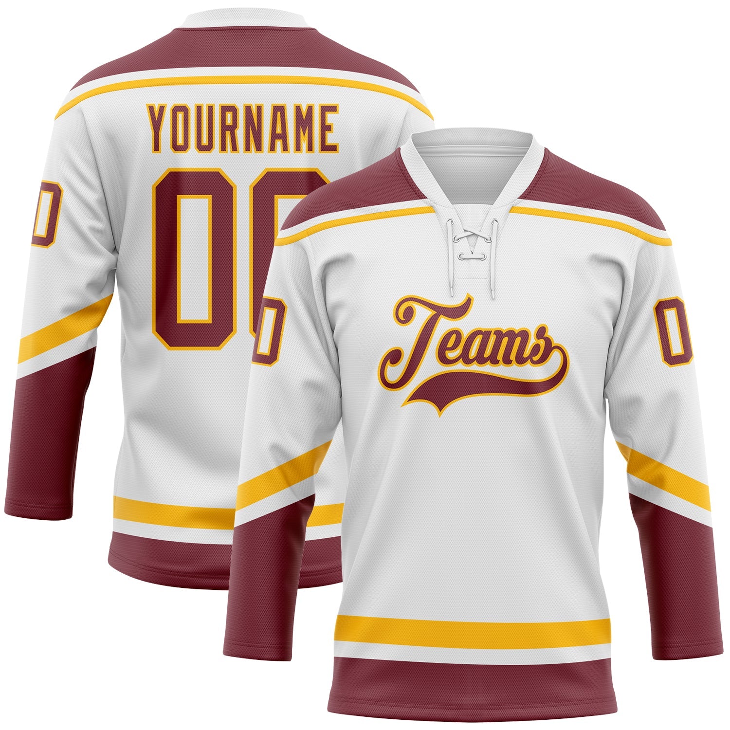 Custom White Burgundy-Gold Hockey Lace Neck Jersey