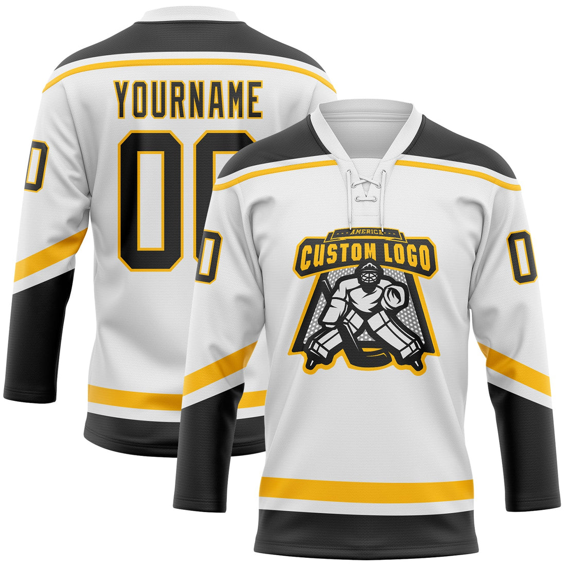 Custom White Black-Gold Hockey Lace Neck Jersey