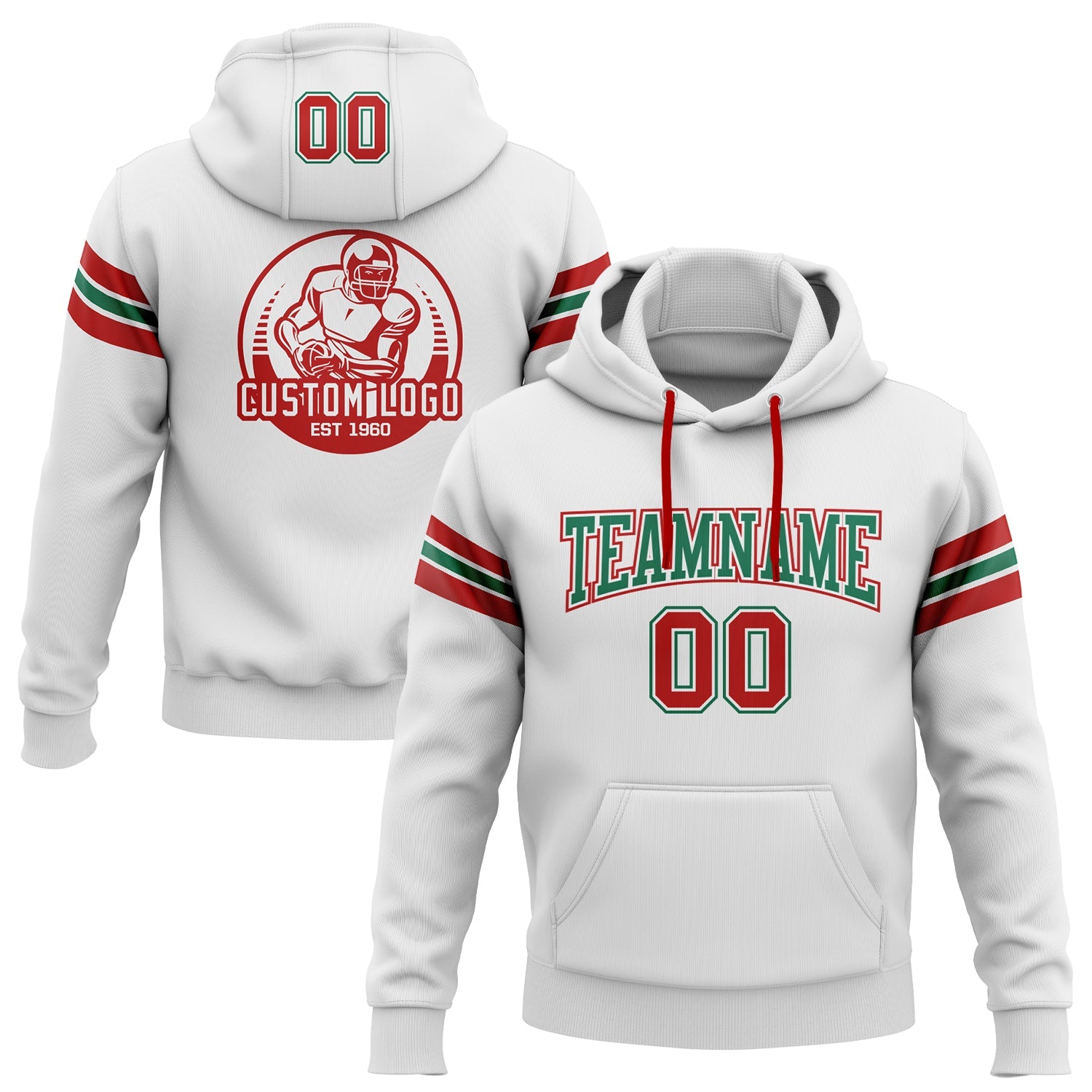 Custom Stitched White Red-Kelly Green Football Pullover Sweatshirt Hoodie