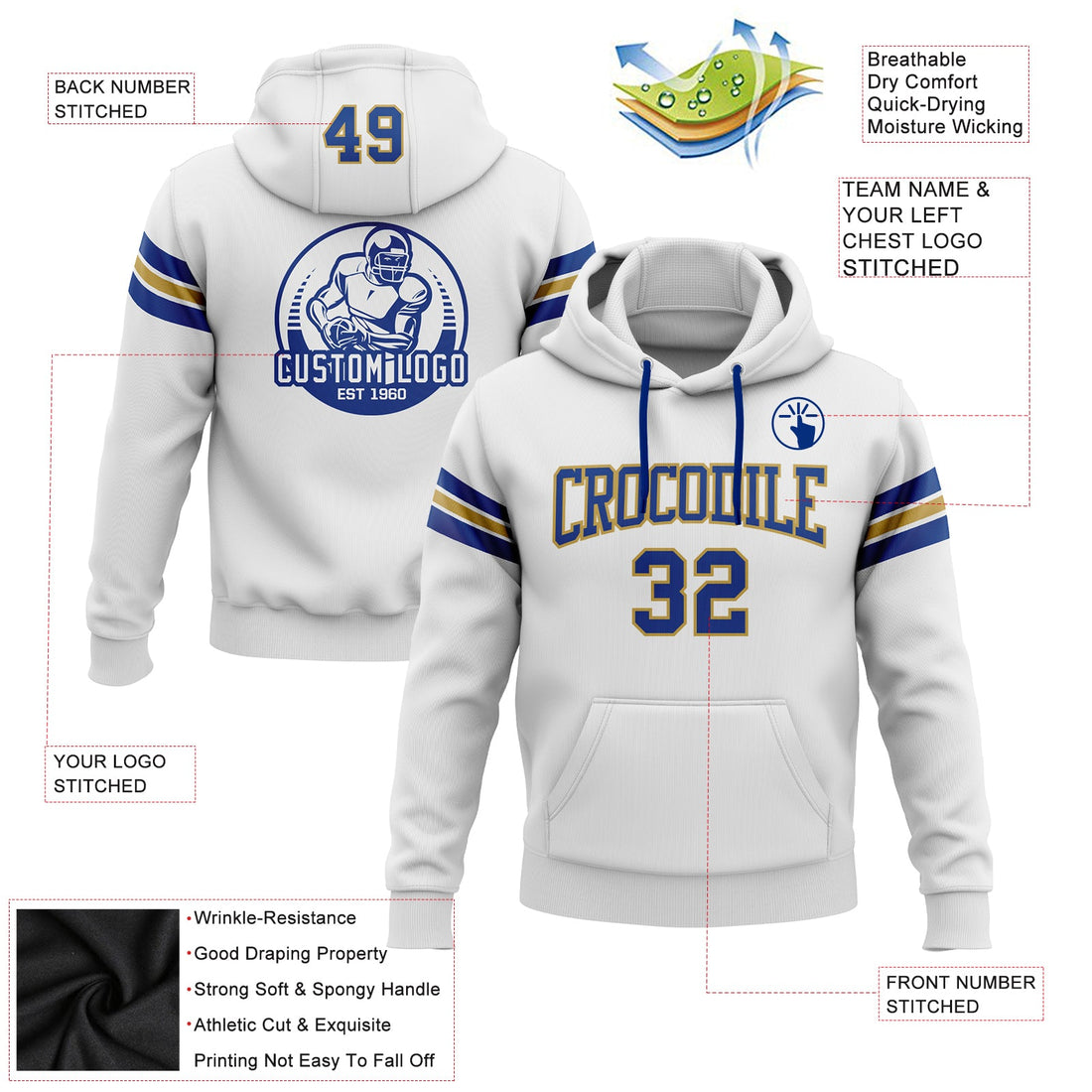 Custom Stitched White Royal-Old Gold Football Pullover Sweatshirt Hoodie