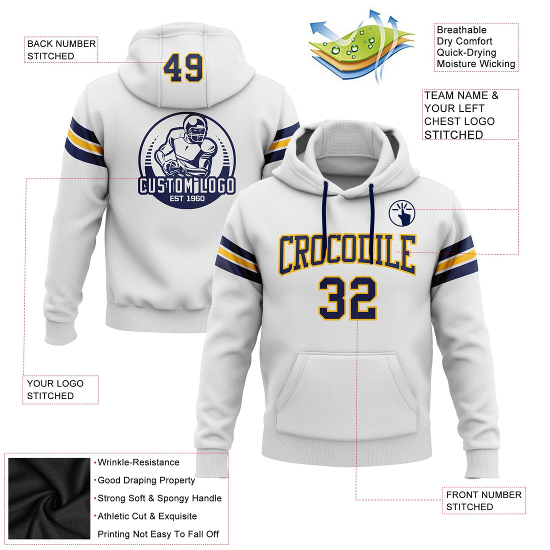 Custom Stitched White Navy-Gold Football Pullover Sweatshirt Hoodie