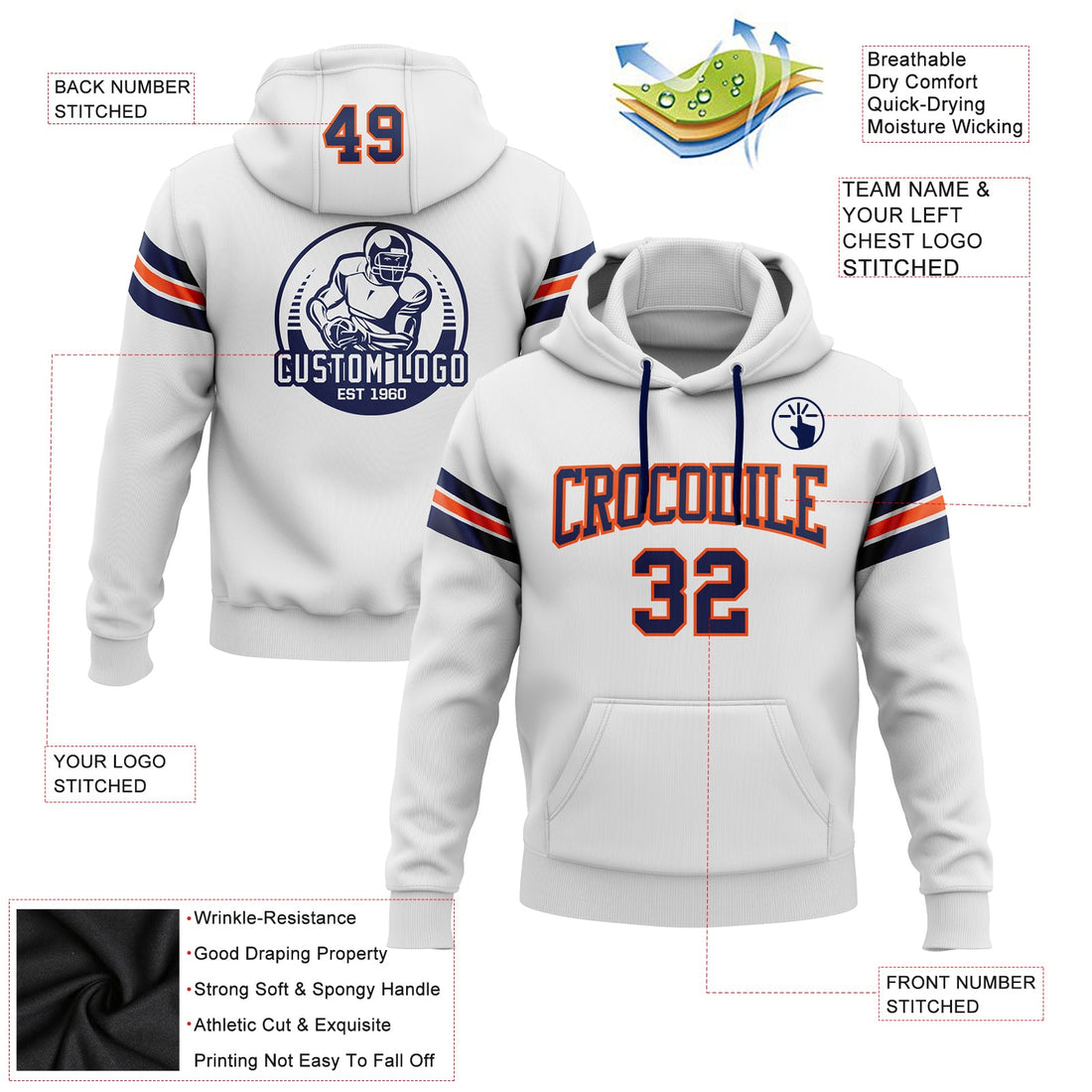 Custom Stitched White Navy-Orange Football Pullover Sweatshirt Hoodie