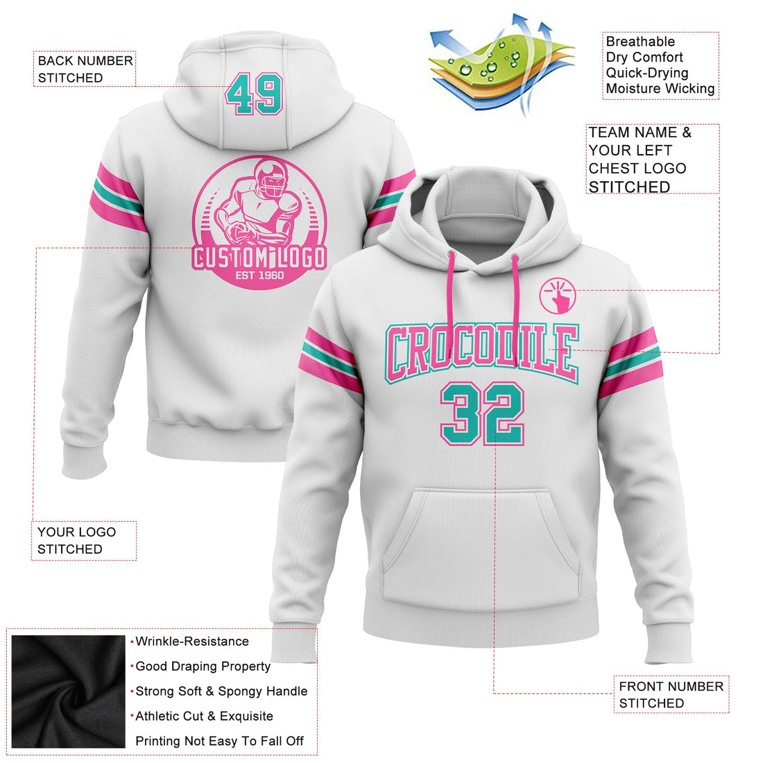 Custom Stitched White Aqua-Pink Football Pullover Sweatshirt Hoodie