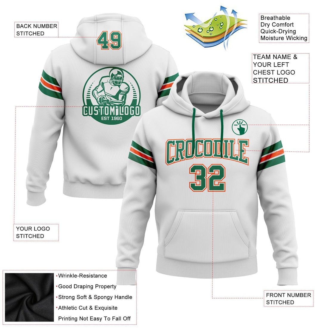 Custom Stitched White Kelly Green-Orange Football Pullover Sweatshirt Hoodie