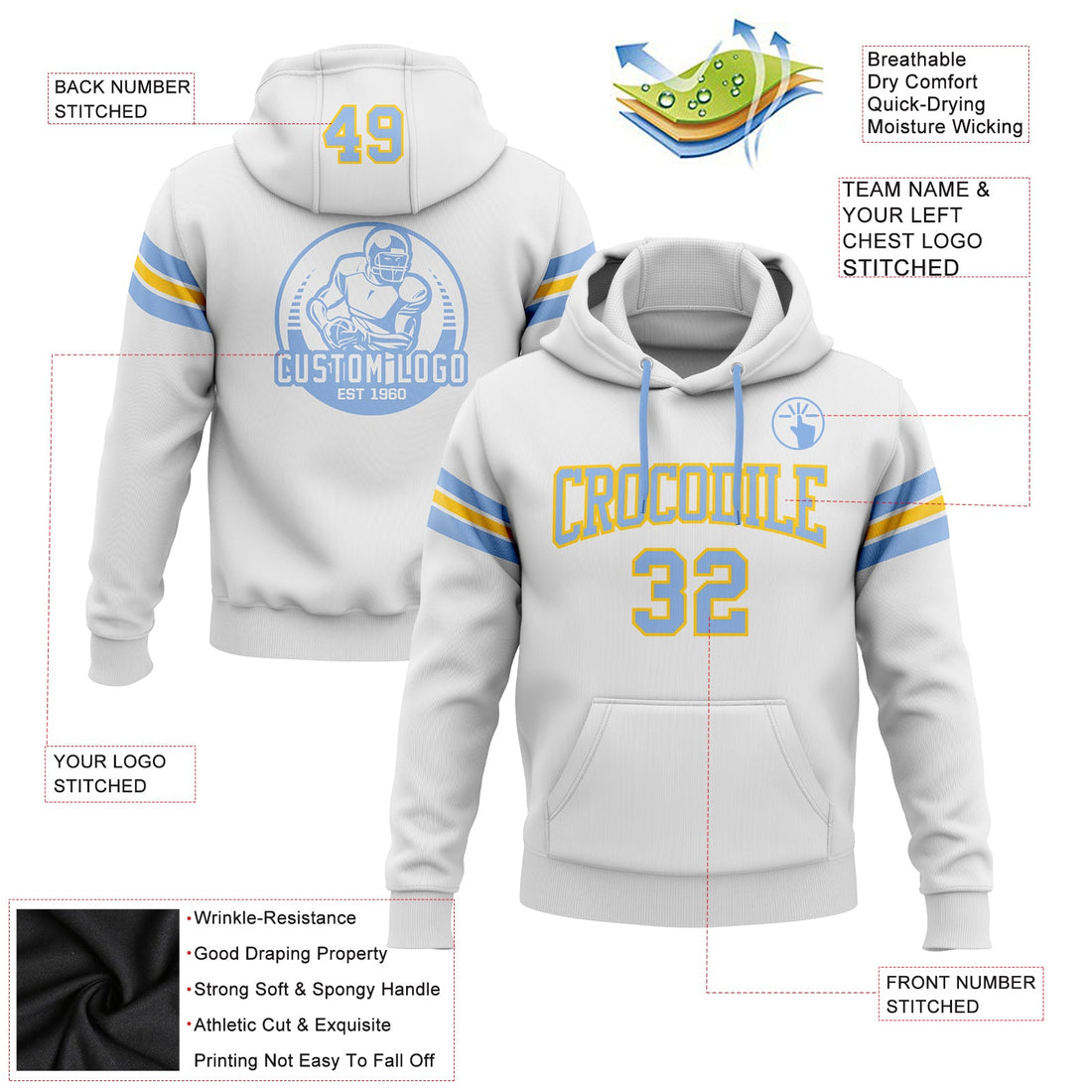 Custom Stitched White Light Blue-Yellow Football Pullover Sweatshirt Hoodie