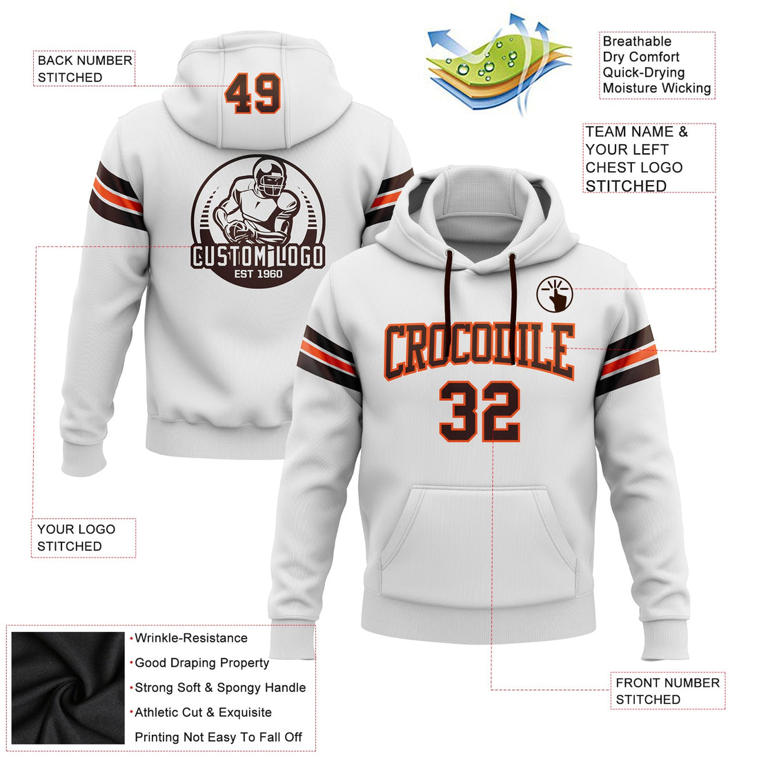 Custom Stitched White Brown-Orange Football Pullover Sweatshirt Hoodie