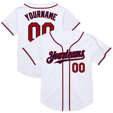 Custom White Red-Navy Mesh Authentic Throwback Baseball Jersey