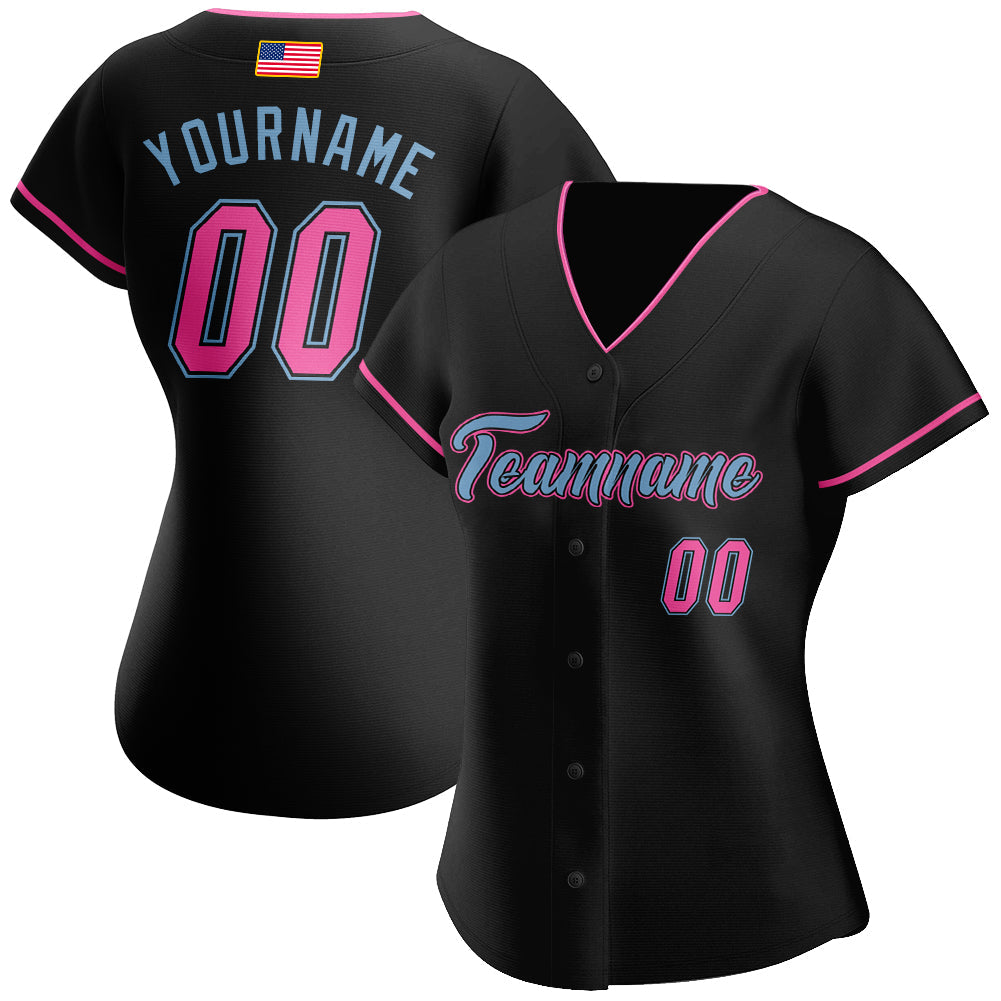 Custom Black Pink-Light Blue Authentic American Flag Fashion Baseball Jersey