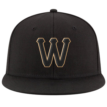 Custom Black Black-Old Gold Stitched Adjustable Snapback Hat