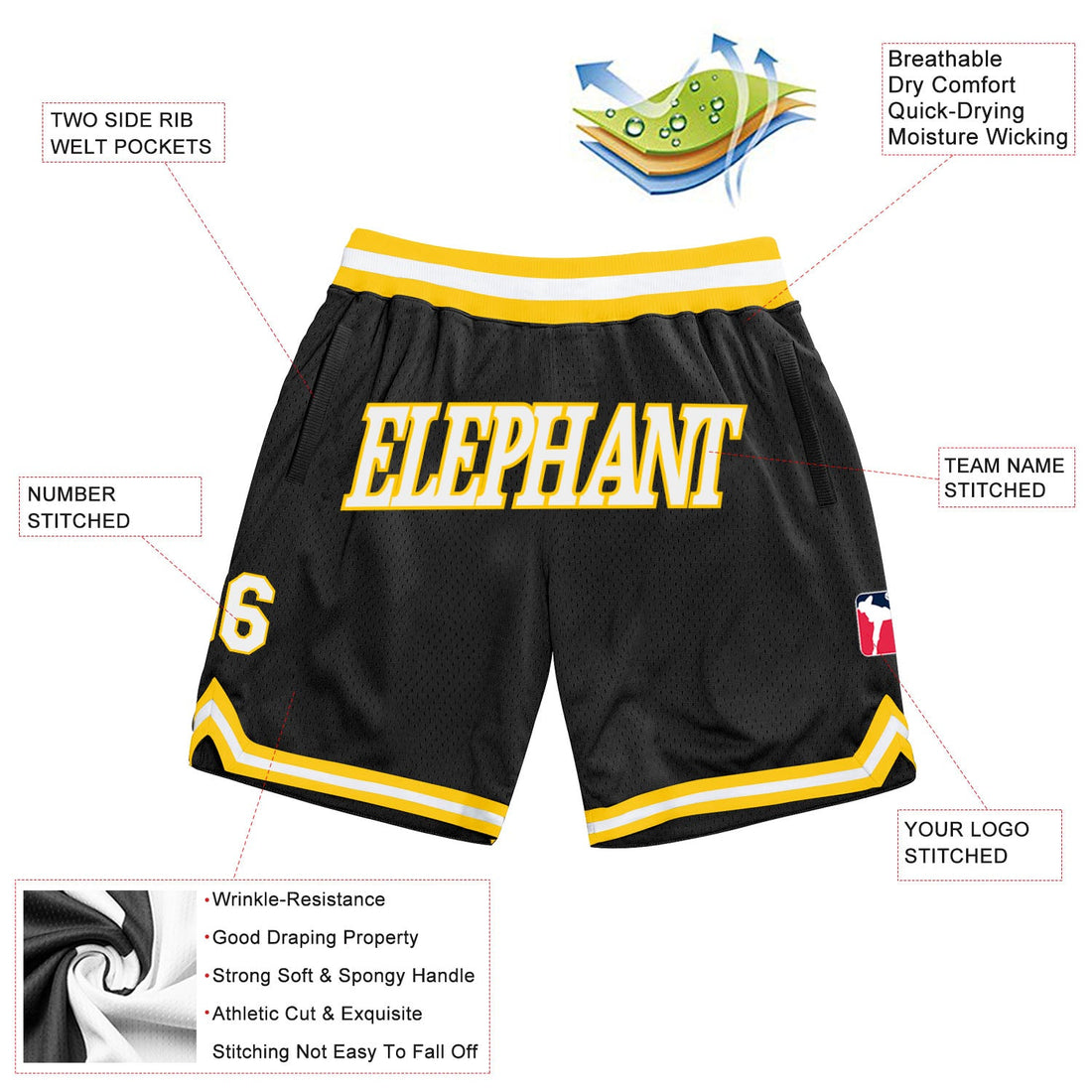 Custom Black White-Gold Authentic Throwback Basketball Shorts