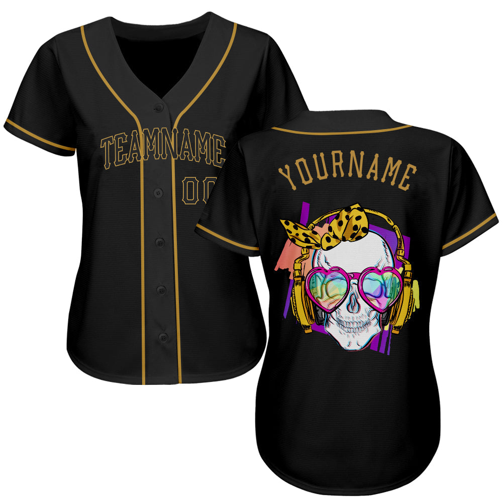 Custom Black Black-Old Gold Authentic Skull Fashion Baseball Jersey