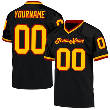 Custom Black Gold-Red Mesh Authentic Throwback Football Jersey