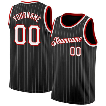 Custom Black White Pinstripe White-Red Authentic Basketball Jersey