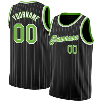 Custom Black White Pinstripe Neon Green-White Authentic Basketball Jersey