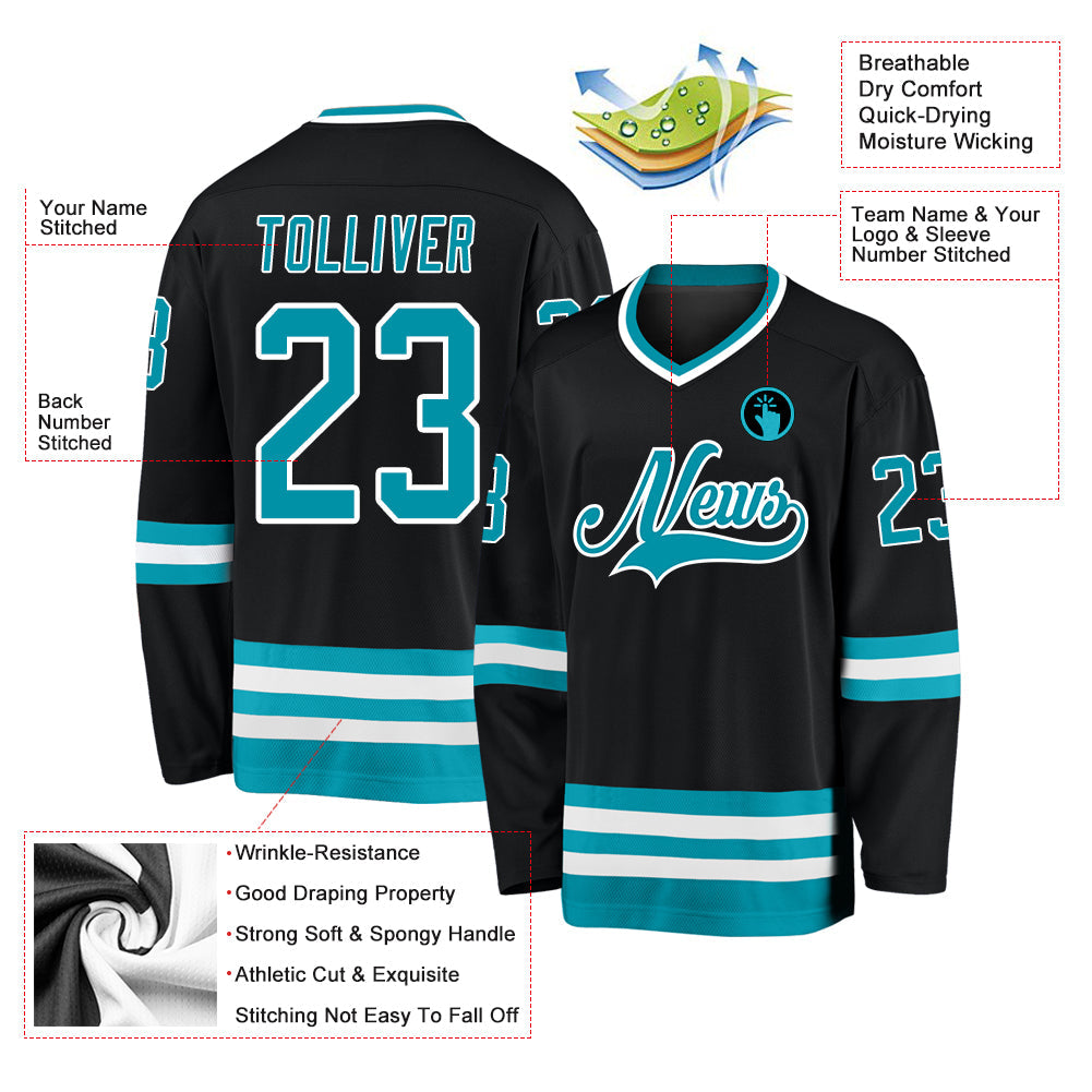 Custom Black Teal-White Hockey Jersey