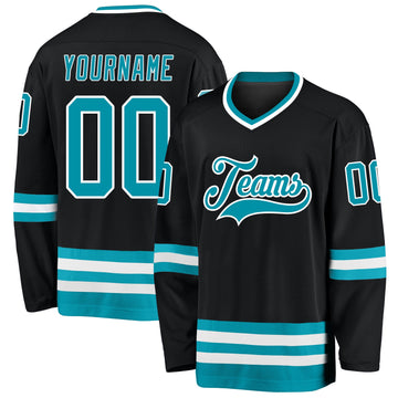 Custom Black Teal-White Hockey Jersey