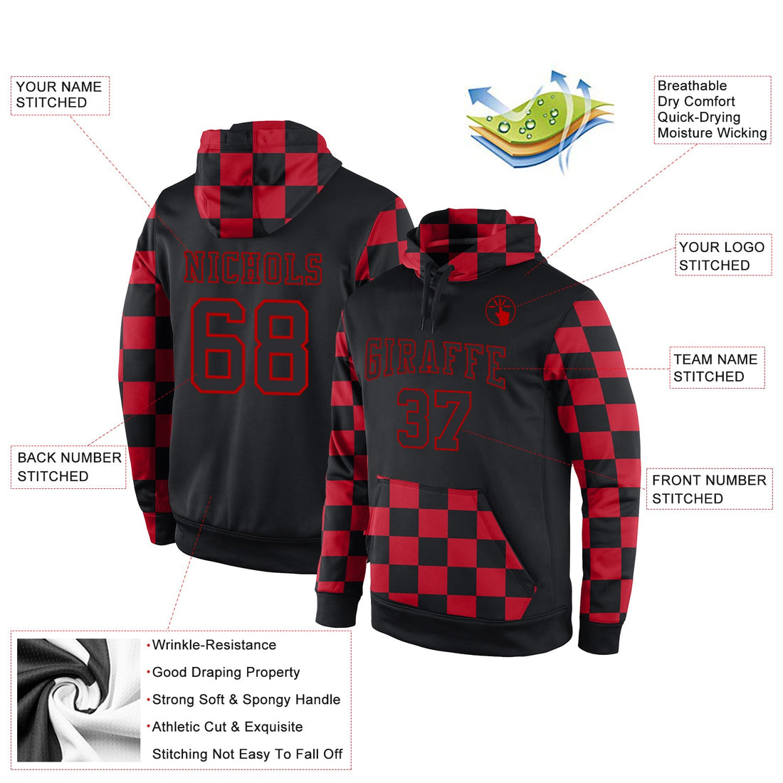 Custom Stitched Black Black-Red Sports Pullover Sweatshirt Hoodie