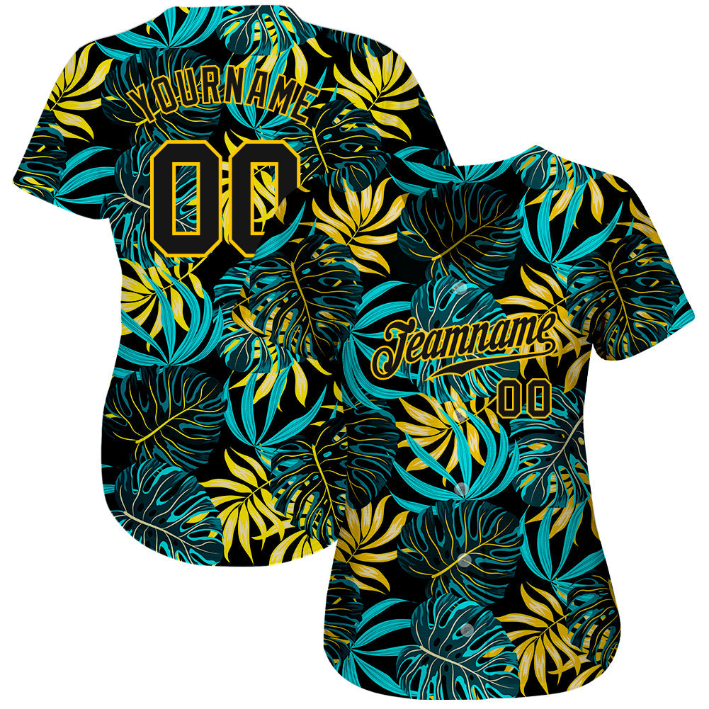 Custom Black Black-Gold 3D Pattern Design Tropical Palm Leaves Authentic Baseball Jersey