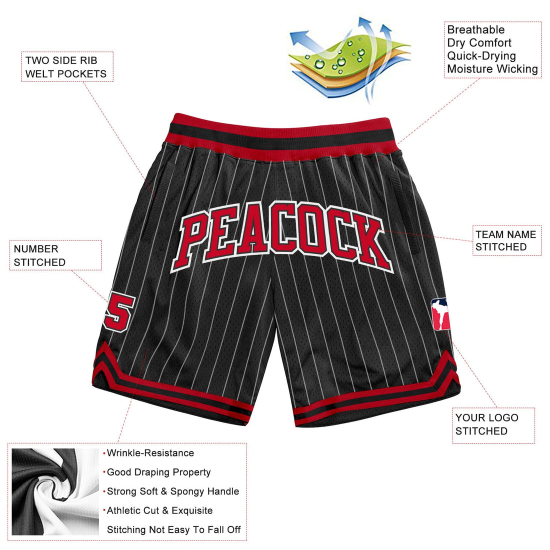 Custom Black White Pinstripe Red-White Authentic Basketball Shorts