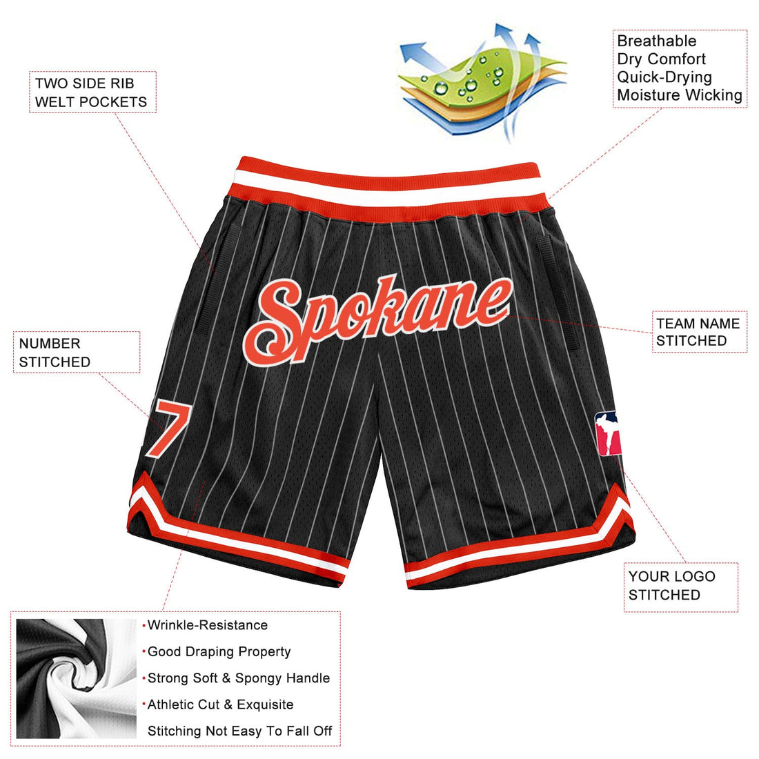 Custom Black White Pinstripe Orange-White Authentic Basketball Shorts