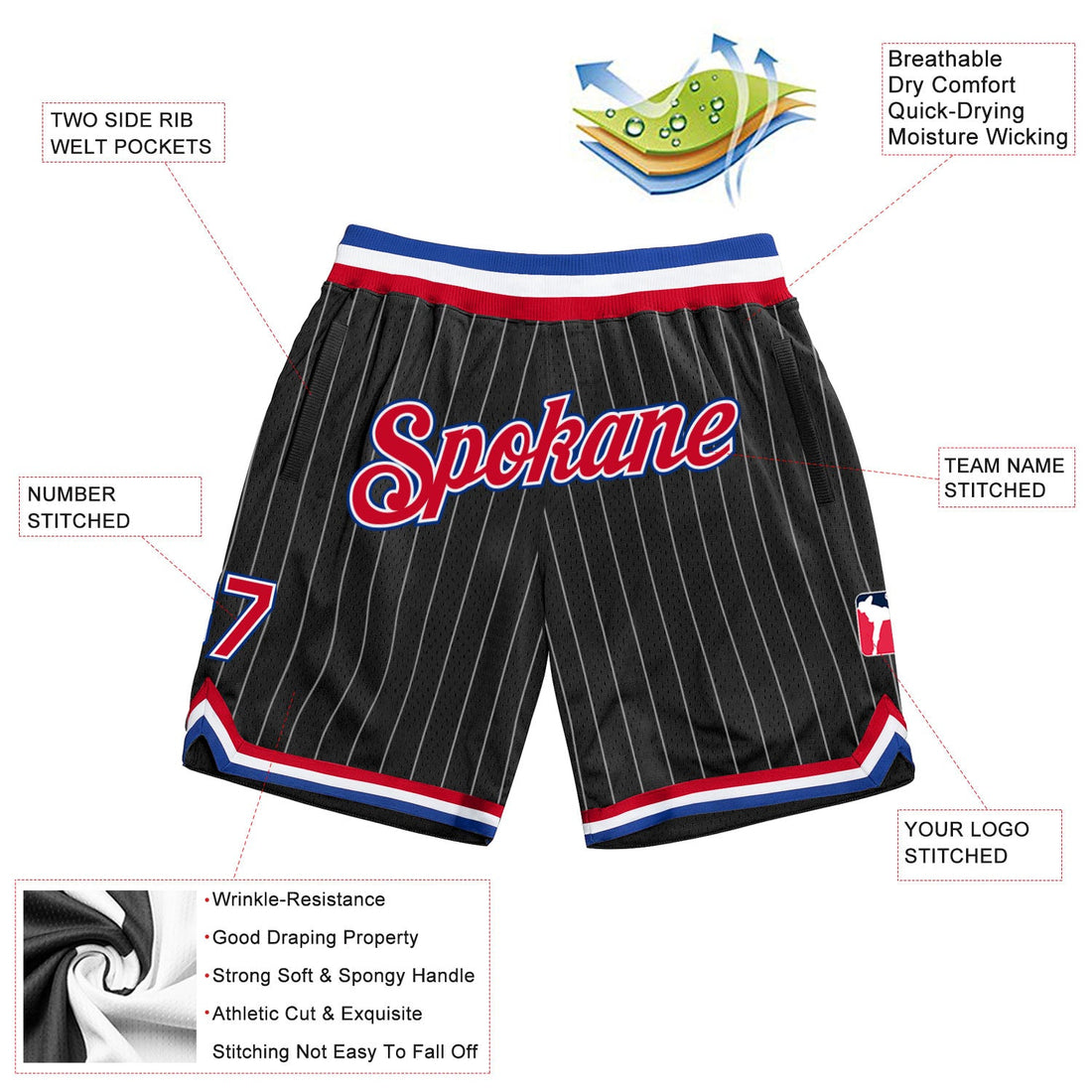 Custom Black White Pinstripe Red-Royal Authentic Basketball Shorts