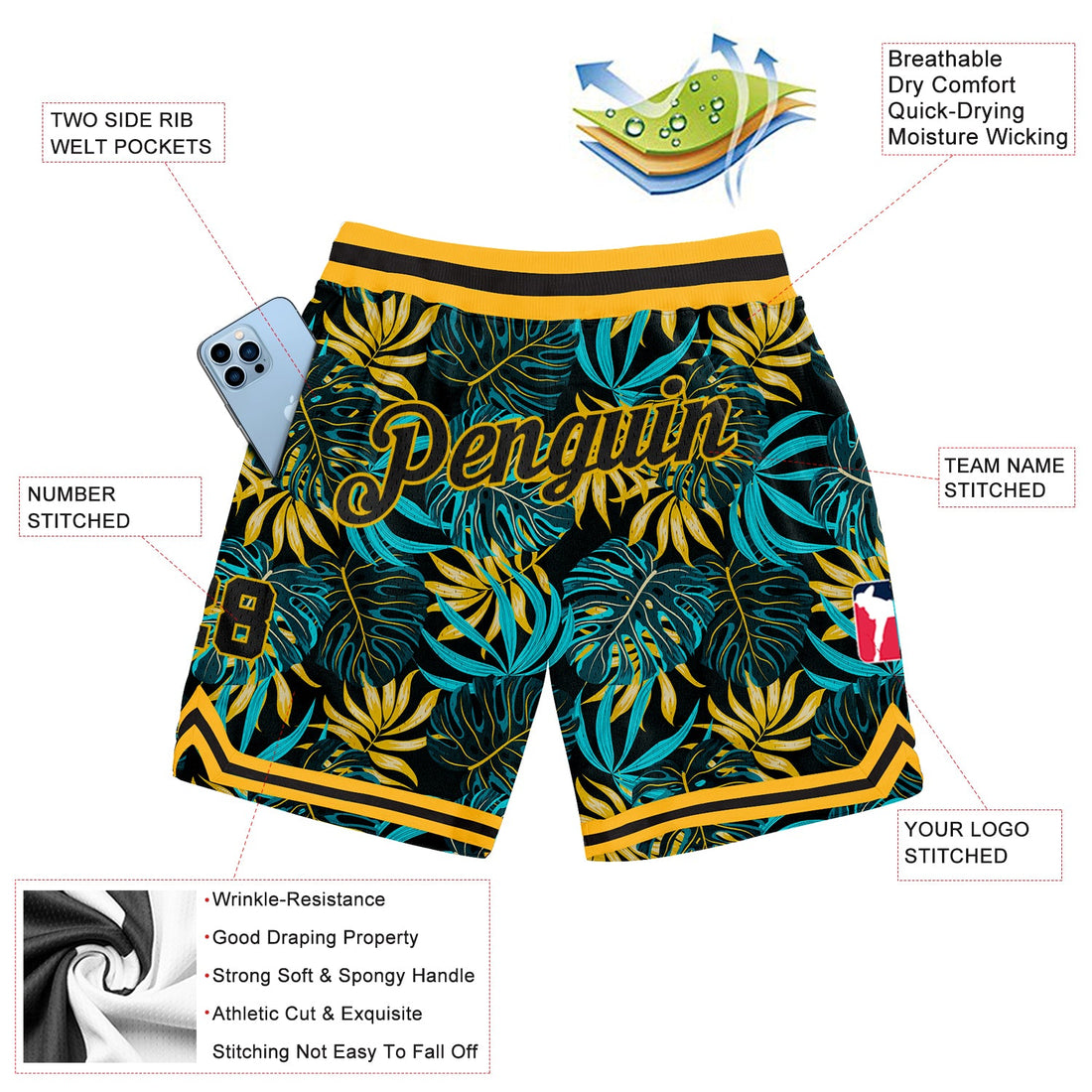 Custom Black Black-Gold 3D Pattern Design Tropical Palm Leaves Authentic Basketball Shorts