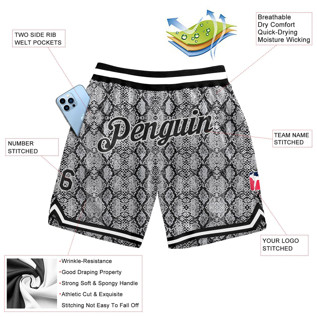 Custom Black Black-White 3D Pattern Design Snakeskin Authentic Basketball Shorts